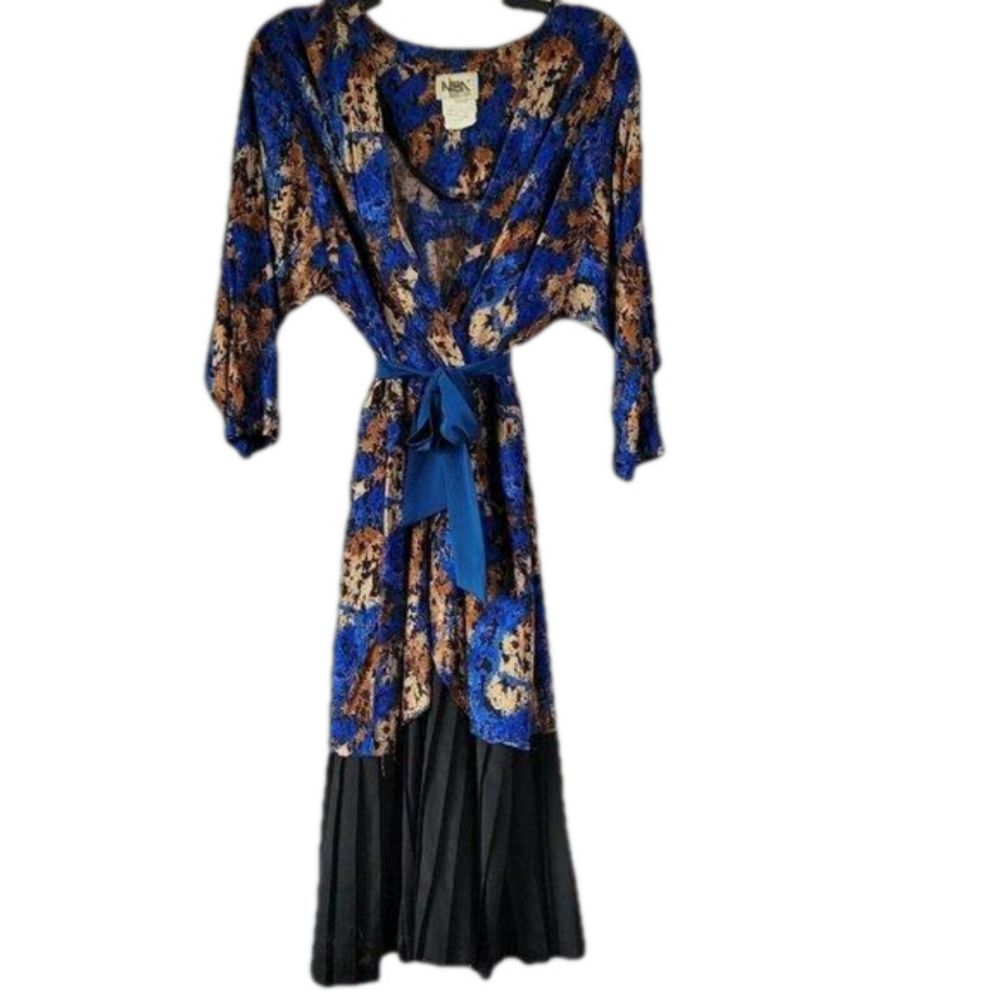 Niba Paris France Robe Kimono Parisian Retro pleats belt loungewear sz 16 French